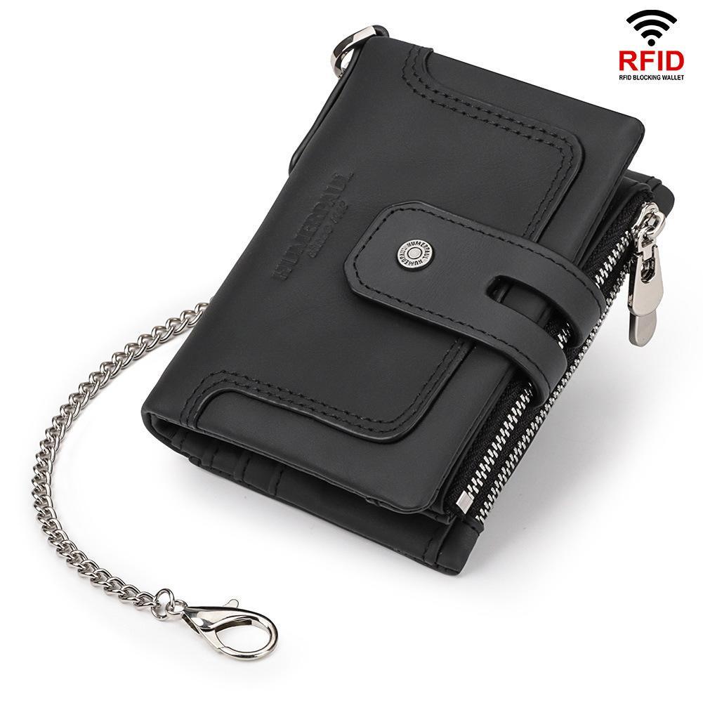 RFID Trifold Leather Wallet with Double Zipper Coin Purse Large Capacity Card Holder