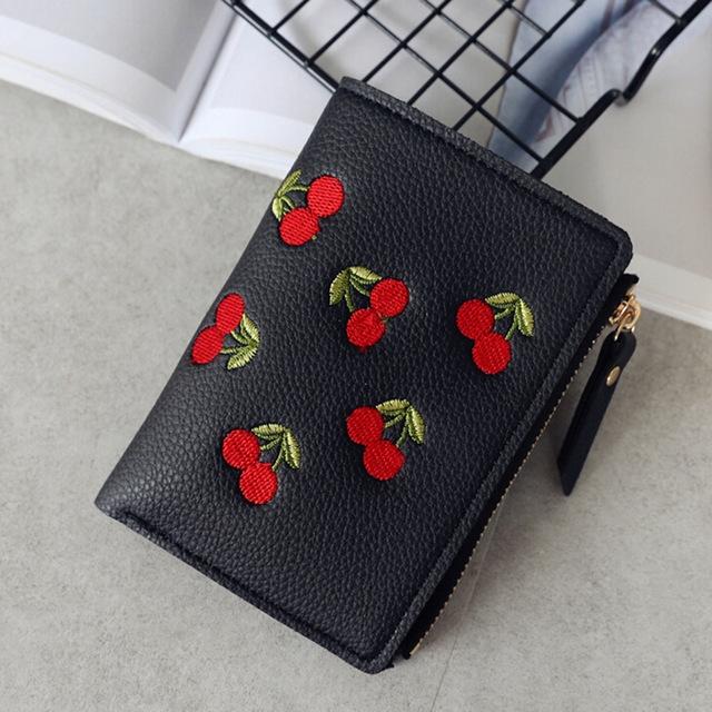 Cute Cherry Embroidered PU Leather Wallet Mini Card Holder Wallet with Zipper Coin Purse