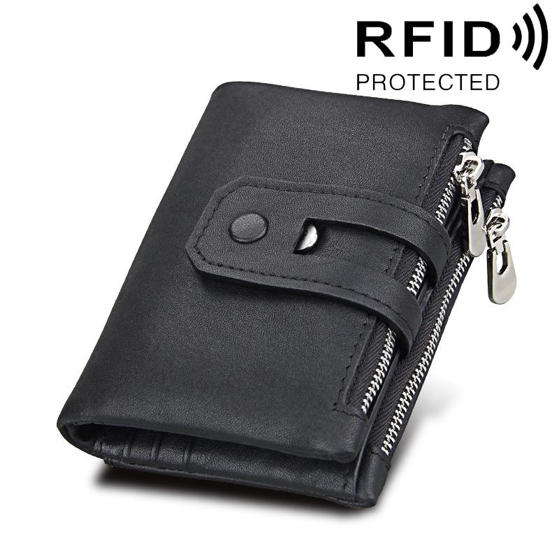 Crazy Horse Leather RFID Wallet for Men Tri Fold Card Holder with Zipper Coin Pocket