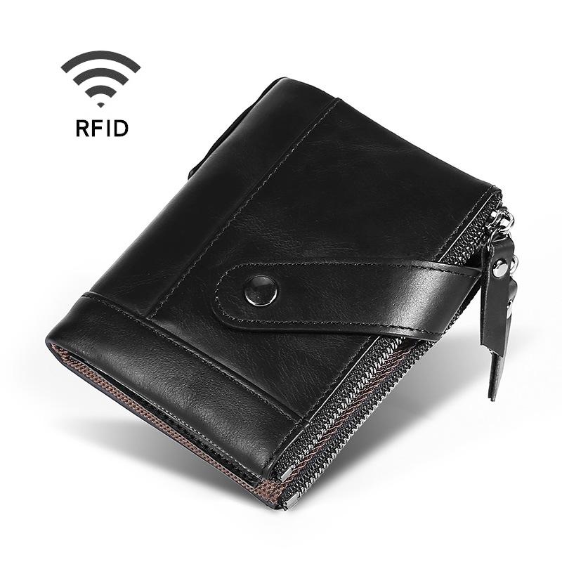 RFID Leather Wallet for Men Genuine Cowhide Bifold Wallet with Double Zipper Coin Pocket