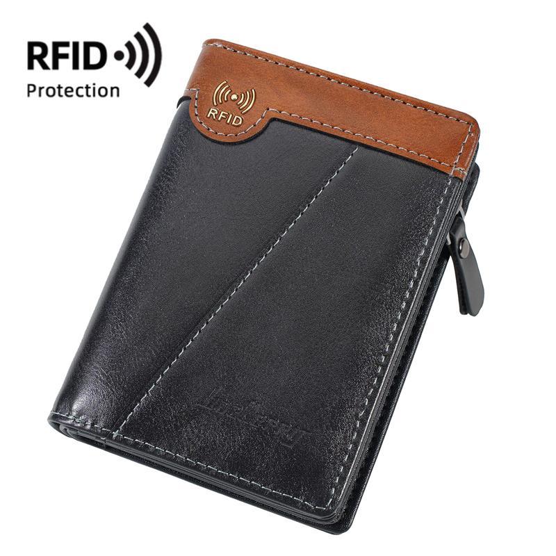 Vintage RFID Wallet for Men Compact PU Leather Multi Card Holder with Zipper Coin Pocket