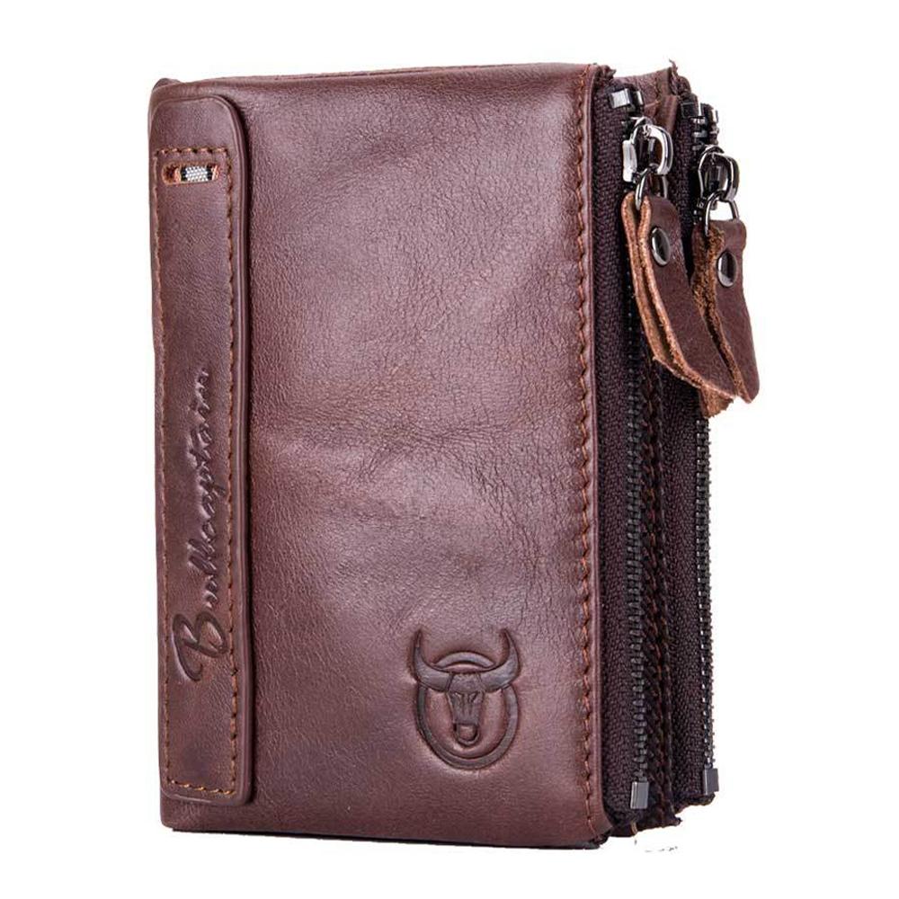 Retro Genuine Leather Wallet RFID Blocking Bifold Card Holder with Zipper Coin Pocket