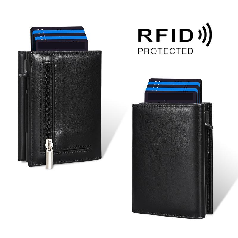 Pop Up RFID Blocking Wallet Genuine Leather Aluminum Card Holder with Zipper Coin Pocket