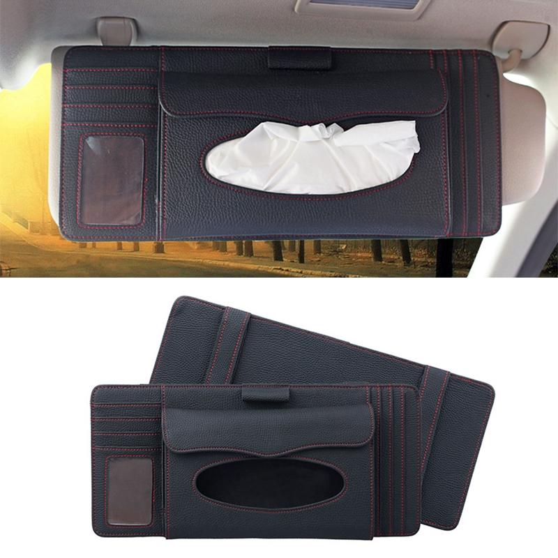 Lichee Leather Car Tissue Holder with Card Slot & CD Pocket Car Storage Organizer