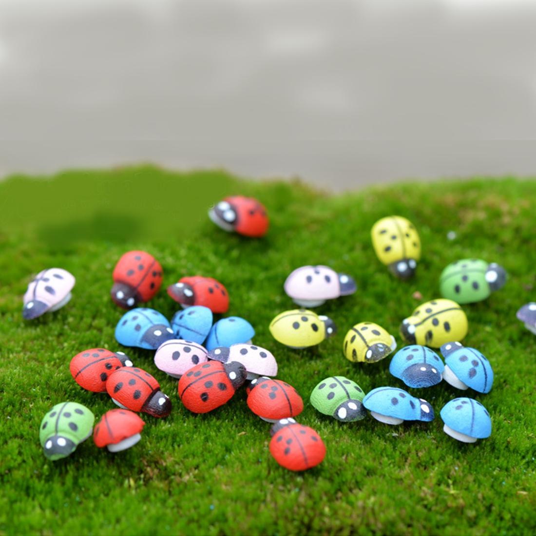 50PCS Mixed Color Wooden Ladybug Decorations for Fairy Gardens, Crafts & Miniature Landscape Decor