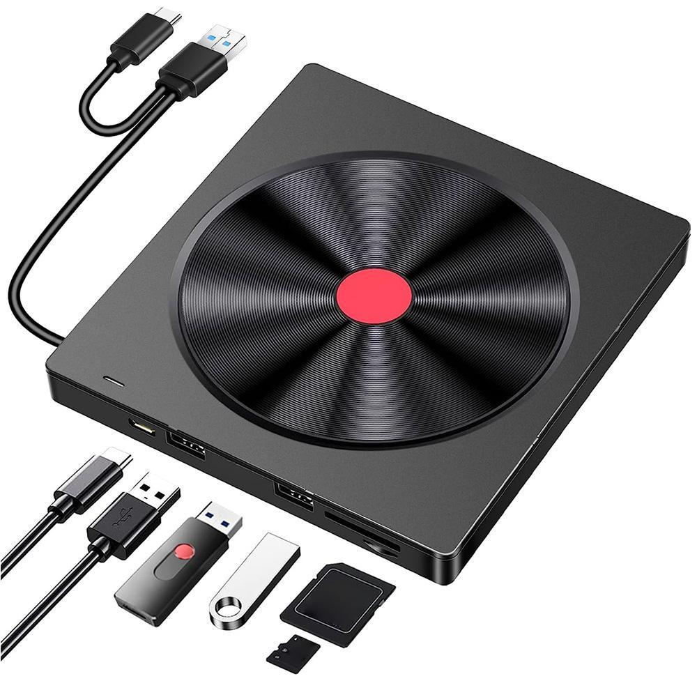 5-in-1 External CD Drive with USB 3.0 and USB-C Portable CD Burner for Laptop