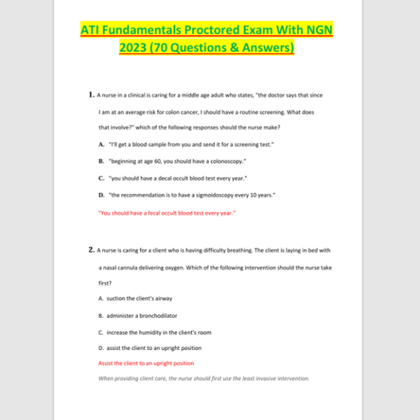 ATI RN Fundamentals Proctored Exam with NGN 2023/2024 (70 Qu | Inspire ...