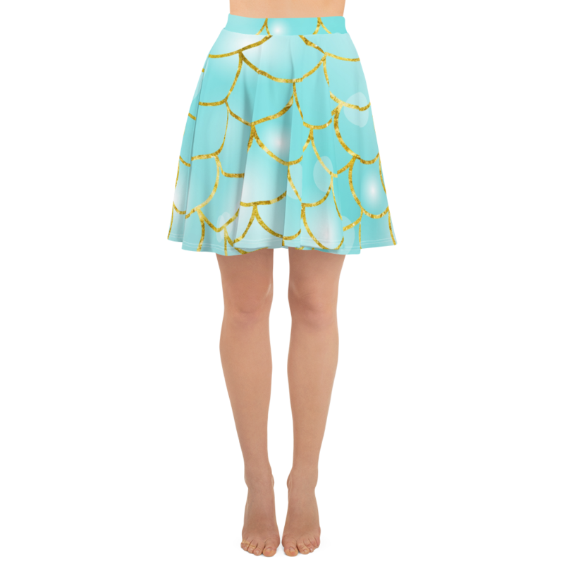 Mermaid Scales Aqua Teal & Gold Pattern Skater Skirt - Inspire Uplift